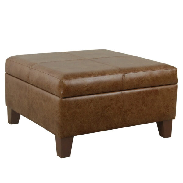 Leo Square Storage Ottoman, Distressed Brown Faux Leather, 28 Inch