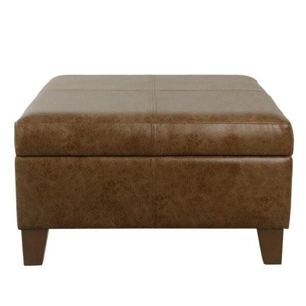 Leo Square Storage Ottoman, Distressed Brown Faux Leather, 28 Inch