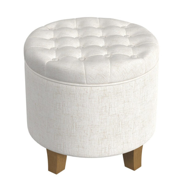Wes Round Storage Ottoman, Cream Woven Fabric, Hardwood, 19 Inch
