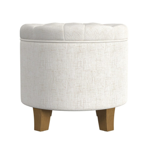 Wes Round Storage Ottoman, Cream Woven Fabric, Hardwood, 19 Inch