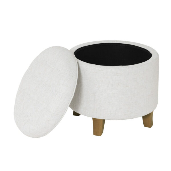 Wes Round Storage Ottoman, Cream Woven Fabric, Hardwood, 19 Inch