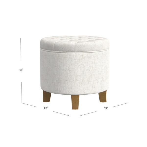 Wes Round Storage Ottoman, Cream Woven Fabric, Hardwood, 19 Inch