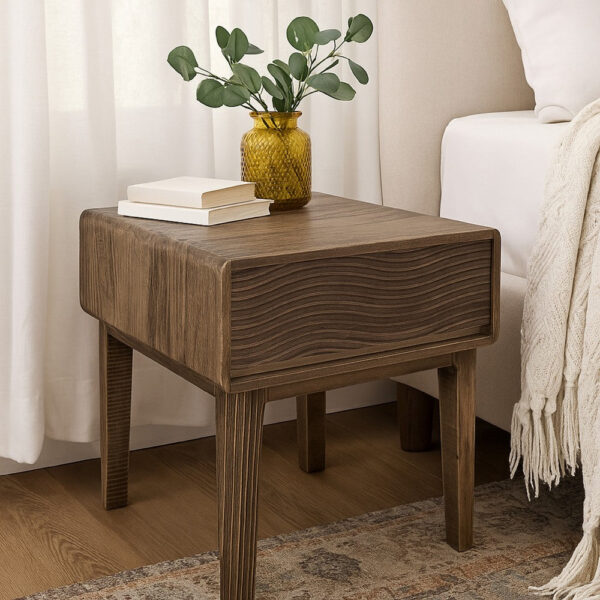 Oly Side End Table, 1 Drawer, Rustic Natural Brown Melina Wood 23 Inch