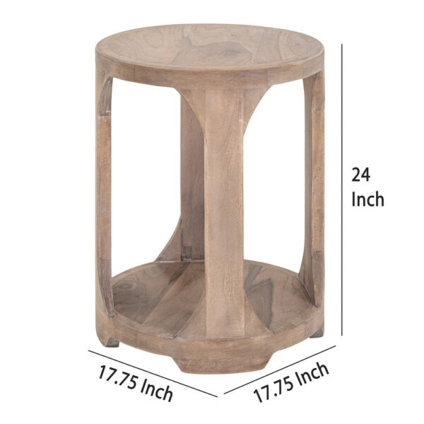 Eray 18 In Round Side Table w Shelf, Light Brown Teak, Mango Wood