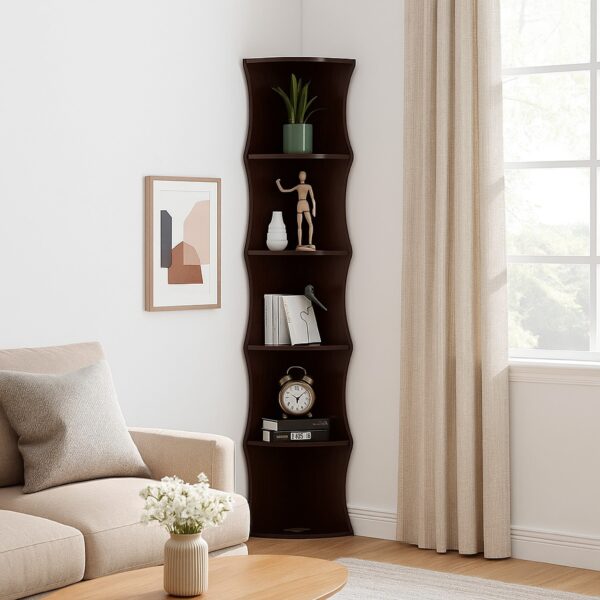Corner Bookcase, 5 Storage Shelves, 77 Inch Tall, Red Cocoa Brown