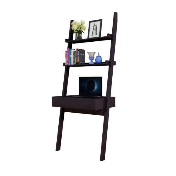 Tall Desk with Ladder Shelves, 1 Drawer 2 Shelves, 72 Inch, Brown Wood
