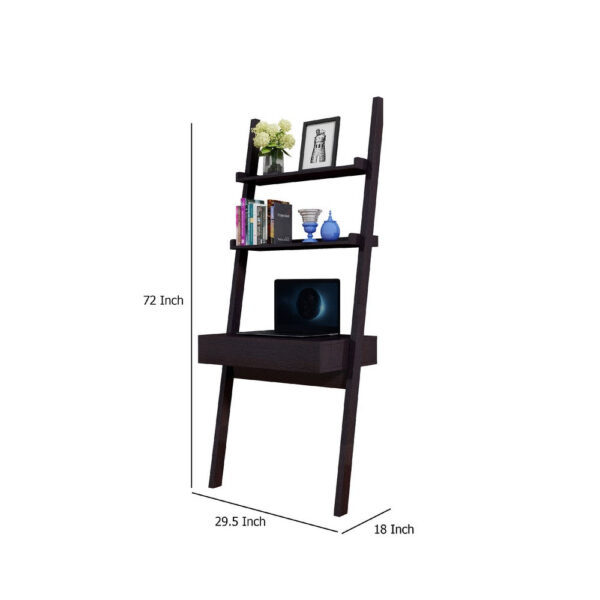 Tall Desk with Ladder Shelves, 1 Drawer 2 Shelves, 72 Inch, Brown Wood