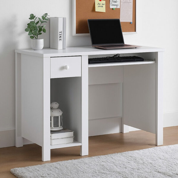 Akol Computer Desk, Keyboard Drawer and Storage, 39 Inch, Modern White