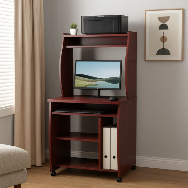 1502202669924ea0686c9.jpeg Niro Utility Desk Cart with Hutch, 7 Shelves, 53 Inch Mahogany Brown