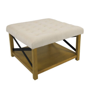 Ottoman with Open Storage, Wood Legs, Cream Tufted Microfiber 30 Inch