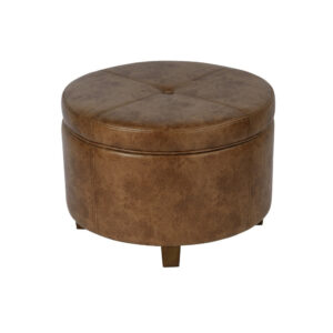 Soni Round Storage Ottoman, 24 Inch Brown Faux Leather, Wood Legs