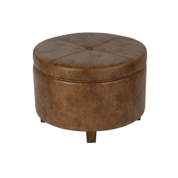 1502202669924f12194dd.jpeg Soni Round Storage Ottoman, 24 Inch Brown Faux Leather, Wood Legs