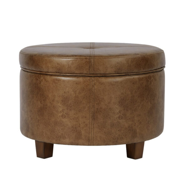 1502202669924f13c6411.jpeg Soni Round Storage Ottoman, 24 Inch Brown Faux Leather, Wood Legs