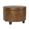 1502202669924f157b738.jpeg Soni Round Storage Ottoman, 24 Inch Brown Faux Leather, Wood Legs