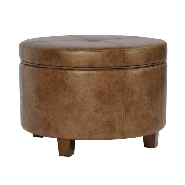 1502202669924f157b738.jpeg Soni Round Storage Ottoman, 24 Inch Brown Faux Leather, Wood Legs