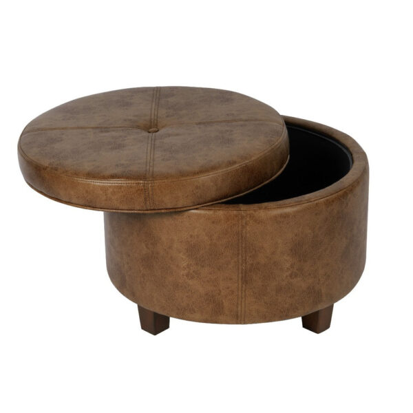 1502202669924f1701840.jpeg Soni Round Storage Ottoman, 24 Inch Brown Faux Leather, Wood Legs