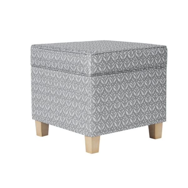 Pyp Square Storage Ottoman, 18 Inch Gray Print Fabric, Brown Wood