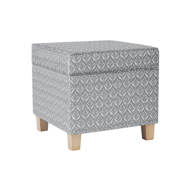 Pyp Square Storage Ottoman, 18 Inch Gray Print Fabric, Brown Wood