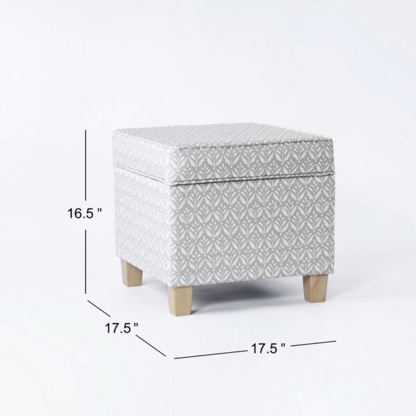 Pyp Square Storage Ottoman, 18 Inch Gray Print Fabric, Brown Wood