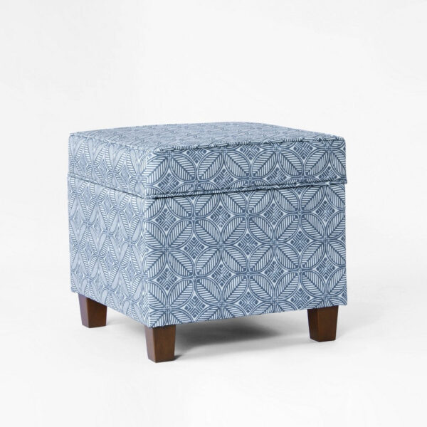 Pyp Square Storage Ottoman, 18 Inch Indigo Blue Print, Walnut Brown