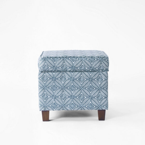 Pyp Square Storage Ottoman, 18 Inch Indigo Blue Print, Walnut Brown
