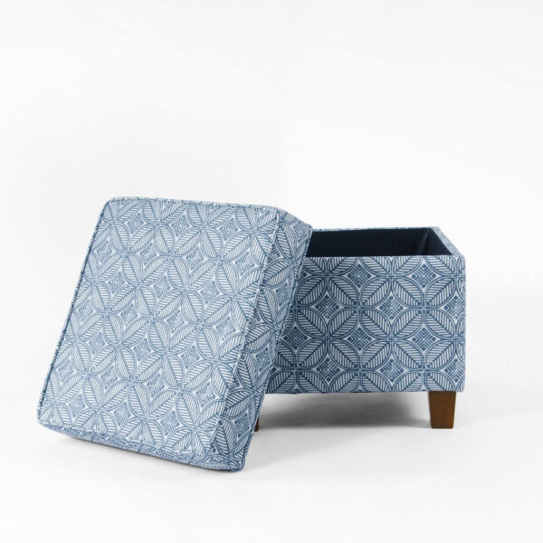 Pyp Square Storage Ottoman, 18 Inch Indigo Blue Print, Walnut Brown
