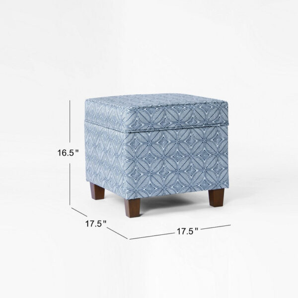 Pyp Square Storage Ottoman, 18 Inch Indigo Blue Print, Walnut Brown