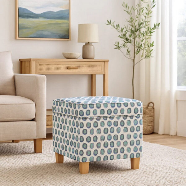 Pyp Square Storage Ottoman, 18 Inch Blue Green Pattern Print, Brown