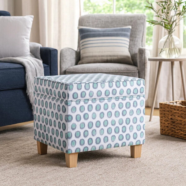 Pyp Square Storage Ottoman, 18 Inch Blue Green Pattern Print, Brown