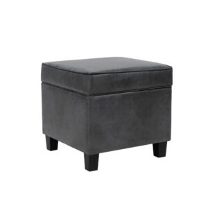 Pyp Square Storage Ottoman, 18 Inch Dark Gray Faux Leather, Black Wood