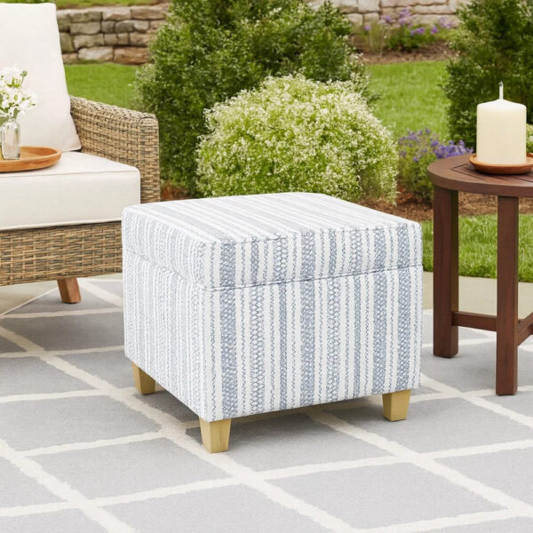 Pyp Square Storage Ottoman, 18 Inch Blue White Striped, Brown Legs