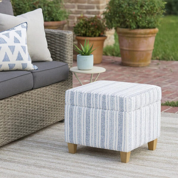 Pyp Square Storage Ottoman, 18 Inch Blue White Striped, Brown Legs