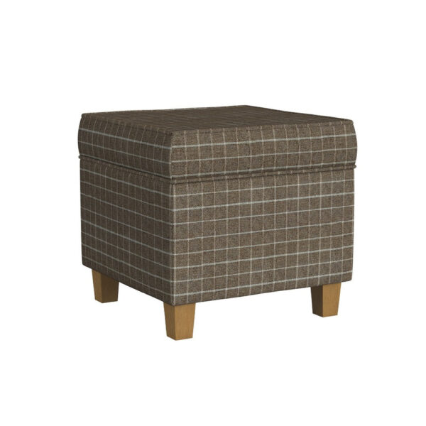 1502202669924fbfccfc8.jpeg Pyp Square Storage Ottoman, 18 Inch Brown Windowpane Fabric, Wood Legs