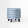 Loni Round Storage Ottoman, 19 Inch Indigo Blue Pattern, Walnut Brown