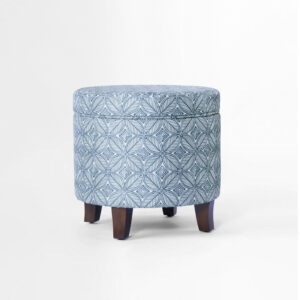 1502202669925006416e9.jpeg Loni Round Storage Ottoman, 19 Inch Indigo Blue Pattern, Walnut Brown