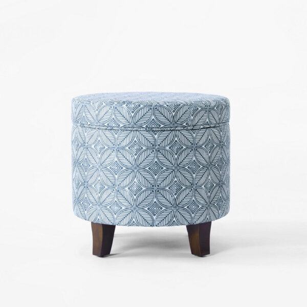 Loni Round Storage Ottoman, 19 Inch Indigo Blue Pattern, Walnut Brown