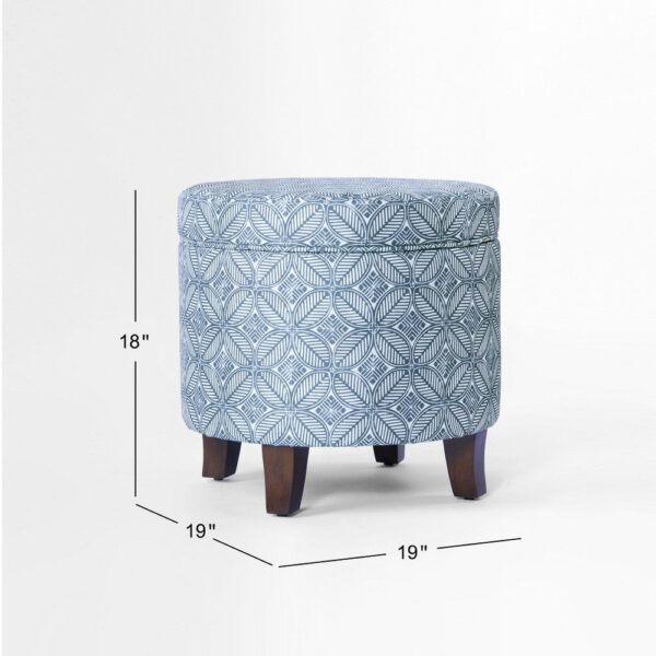 Loni Round Storage Ottoman, 19 Inch Indigo Blue Pattern, Walnut Brown