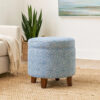 Loni Round Storage Ottoman, 19 Inch Indigo Blue Pattern, Walnut Brown