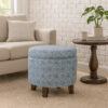 Loni Round Storage Ottoman, 19 Inch Indigo Blue Pattern, Walnut Brown