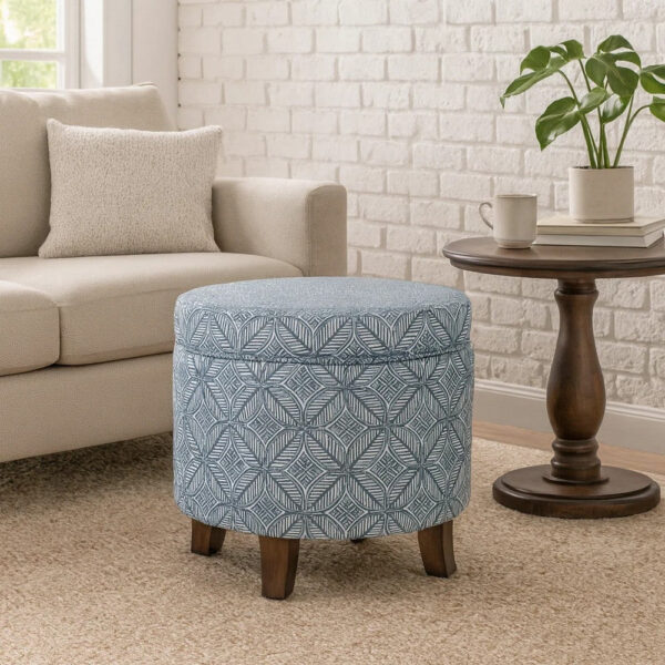 Loni Round Storage Ottoman, 19 Inch Indigo Blue Pattern, Walnut Brown
