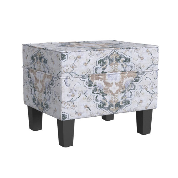 Ishi Accent Storage Ottoman, 22 Inch White Blue Print, Black Wood Legs
