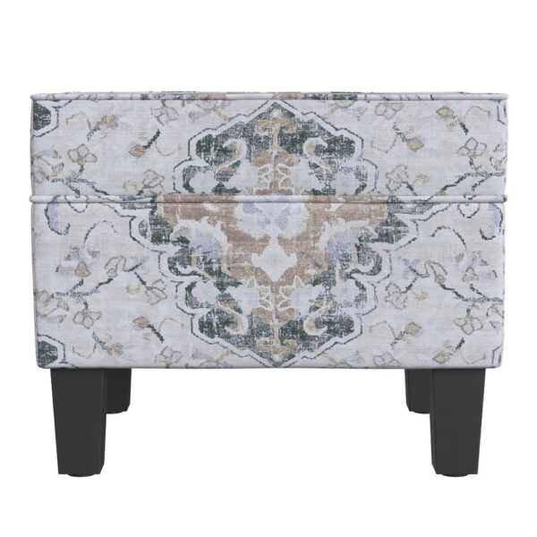 Ishi Accent Storage Ottoman, 22 Inch White Blue Print, Black Wood Legs