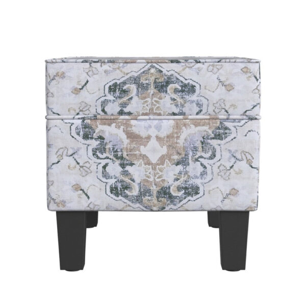 Ishi Accent Storage Ottoman, 22 Inch White Blue Print, Black Wood Legs