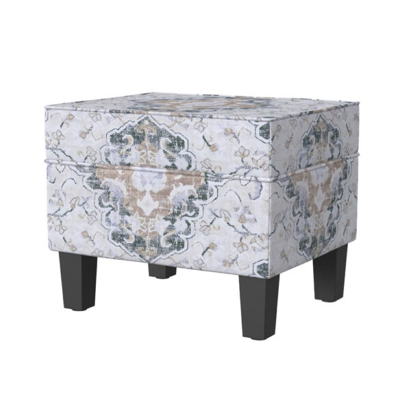 Ishi Accent Storage Ottoman, 22 Inch White Blue Print, Black Wood Legs