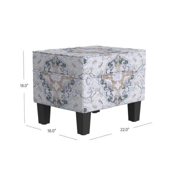 Ishi Accent Storage Ottoman, 22 Inch White Blue Print, Black Wood Legs
