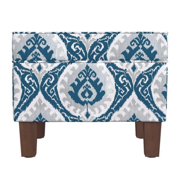 Ishi Accent Storage Ottoman, 22 Inch Blue White Ikat Paisley Pattern
