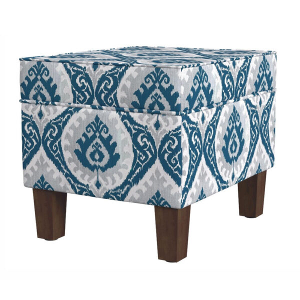 Ishi Accent Storage Ottoman, 22 Inch Blue White Ikat Paisley Pattern