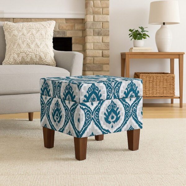 Ishi Accent Storage Ottoman, 22 Inch Blue White Ikat Paisley Pattern