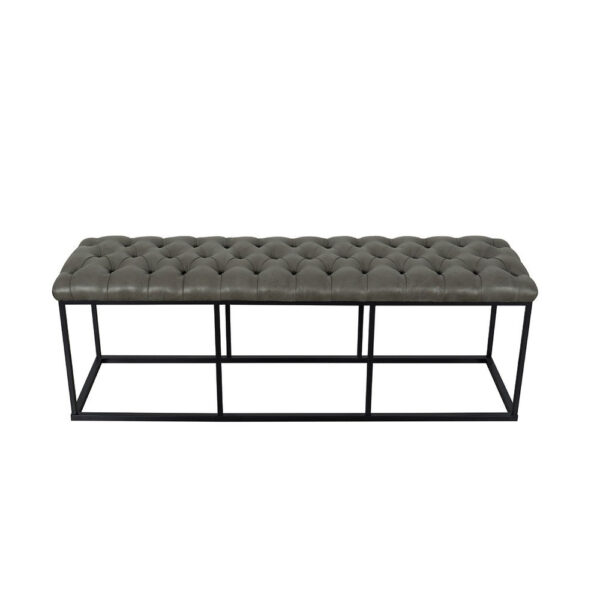 Ali Ottoman Bench, Open Metal Frame, Gray Tufted Faux Leather 52 Inch
