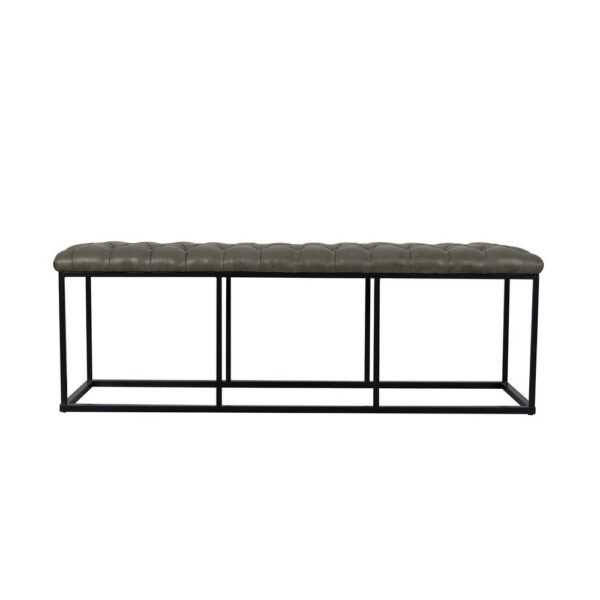 Ali Ottoman Bench, Open Metal Frame, Gray Tufted Faux Leather 52 Inch
